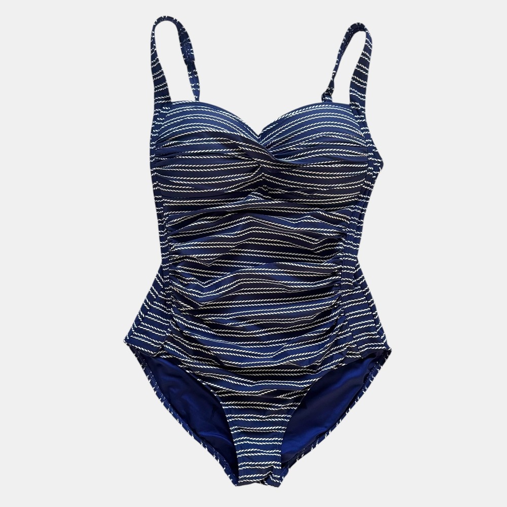 Niptuck Swim Womens Navy Stripe Ruched One Piece Swimsuit Sz 8 EUC Slimming